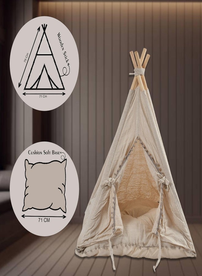 DECOVIA Dog & Cat Teepee Tent with Soft Cushion Bed - Cute Indoor Pet House for Small Dogs & Cats | Durable Wooden Frame & Breathable Cotton Fabric | (Size_28x28x31 Inches) (Beige) - Image 2